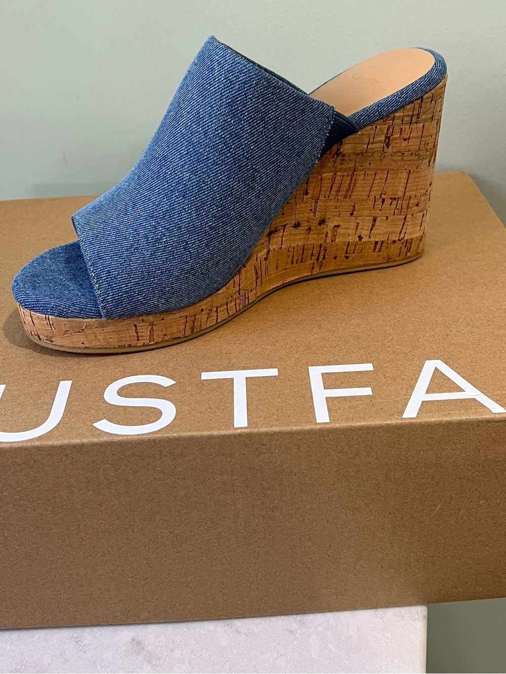 JustFab Denim Cork Wedge Slide